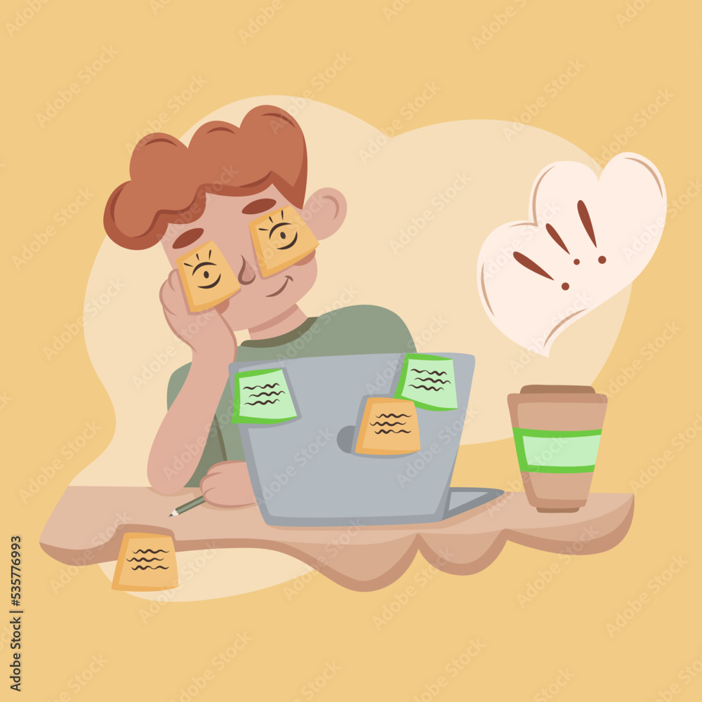 sleeping working man in office doing work with coffee on orange background sleeping working man in office doing work with coffee on orange background