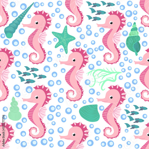 Seahorse and starfish seamless pattern. Sea life summer background. Cute sea life. Design for fabric and decor