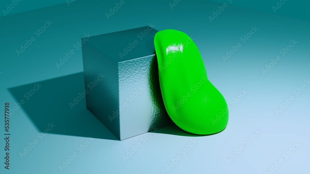 This image is a NON-AI generated 3D model rendering! 3D Rendering: Photorealistic shiny metallic cube with deflated green slime blob. High contrast lighting with shadows still life This image is a NON-AI generated 3D model rendering! 3D Rendering: Photorealistic shiny metallic cube with deflated green slime blob. High contrast lighting with shadows still life