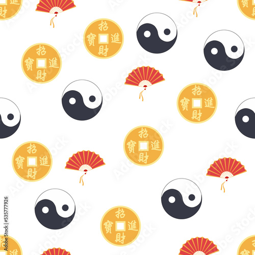 Chinese seamless pattern with feng shui chinese coin with hole, yin-yang, fan, paper lantern