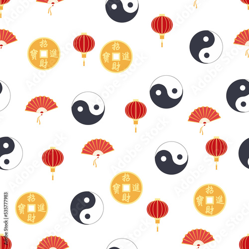 Wallpaper Mural Chinese seamless pattern with feng shui chinese coin with hole, yin-yang, fan, paper lantern Torontodigital.ca