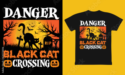 Danger Black Cat Crossing Short Sleeve T-Shirt Graphic Tee (ID: 535778316)