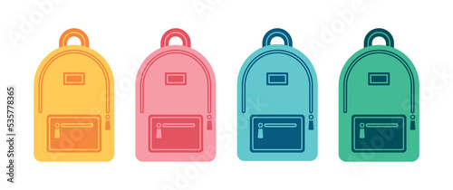 Rucksack, travel backpack, schoolbag with zipper. Flat vector illustration set.