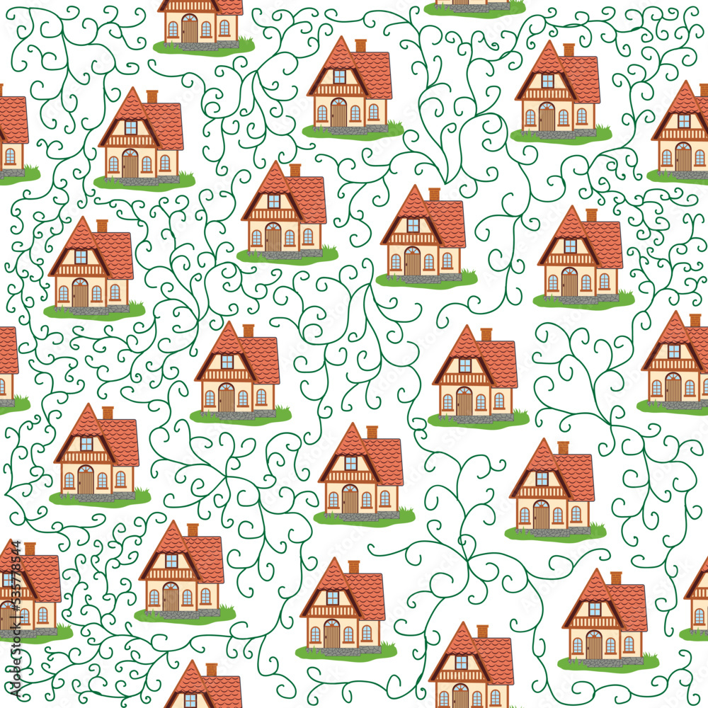 Seamless pattern with houses and ivy branches, plants, English old house, Scandinavian traditions