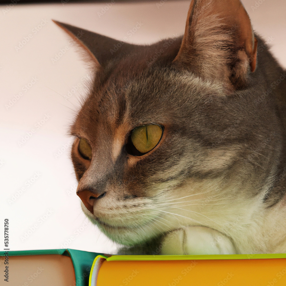 Kot siedzący na książkach. - obrazy, fototapety, plakaty 