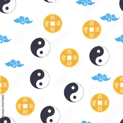 Chinese seamless pattern with feng shui chinese coin with hole, yin yang symbol