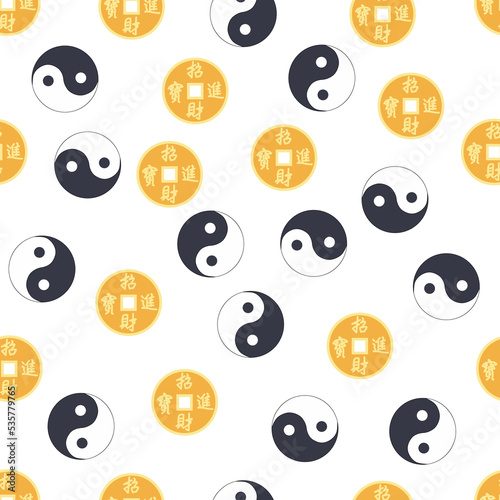 Chinese seamless pattern with feng shui chinese coin with hole, yin yang symbol