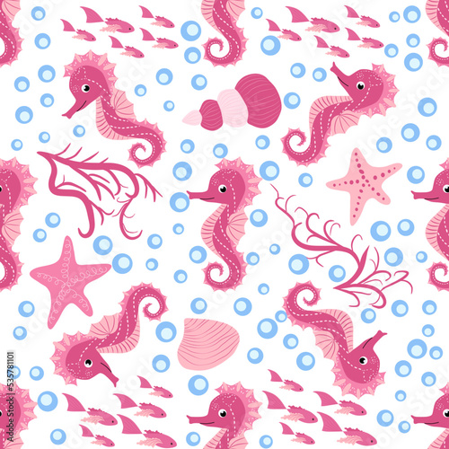 Fototapeta Naklejka Na Ścianę i Meble -  Seahorse and starfish seamless pattern. Sea life summer background. Cute sea life. Design for fabric and decor