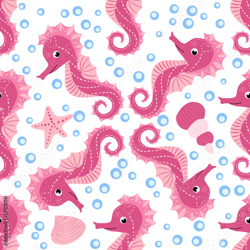Seahorse and starfish seamless pattern. Sea life summer background. Cute sea life. Design for fabric and decor © MichiruKayo