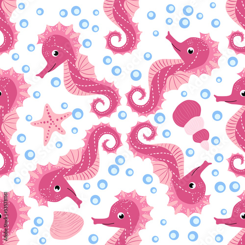 Seahorse and starfish seamless pattern. Sea life summer background. Cute sea life. Design for fabric and decor