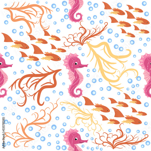 Seahorse and starfish seamless pattern. Sea life summer background. Cute sea life. Design for fabric and decor