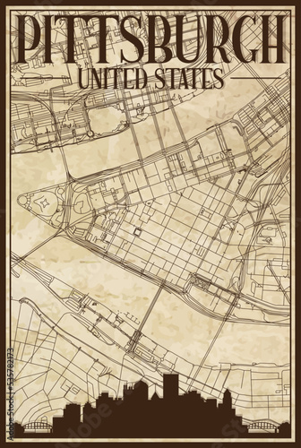 Brown vintage hand-drawn printout streets network map of the downtown PITTSBURGH, UNITED STATES OF AMERICA with brown city skyline and lettering