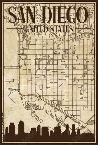 Brown vintage hand-drawn printout streets network map of the downtown SAN DIEGO, UNITED STATES OF AMERICA with brown city skyline and lettering