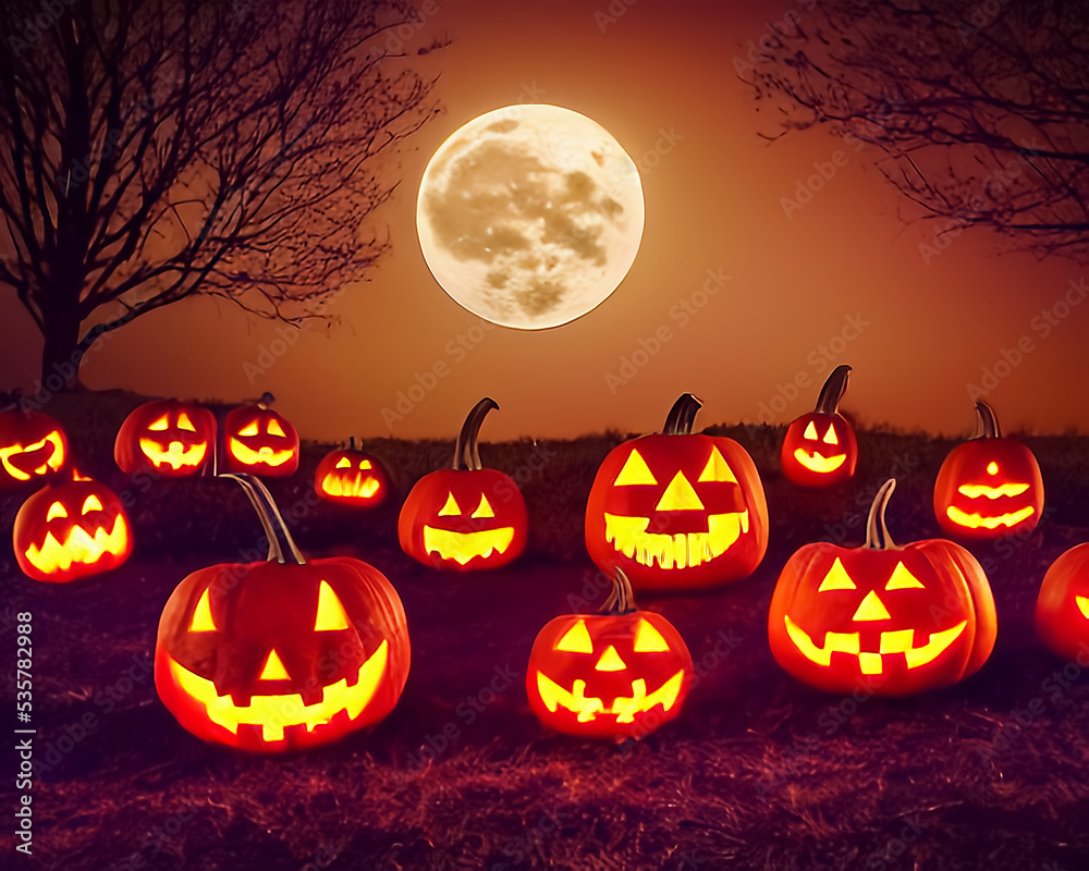 Halloween background,Spooky pumpkin in night moonlight, Halloween card