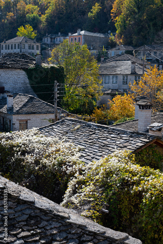 Autumnal landscape showing the stone houses of traditional architecture in the village of Dilofo in Epirus, Greece photo
