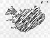 Vector black silhouette chaotic hand drawn scribble sketch  of Iceland map on transparent background.