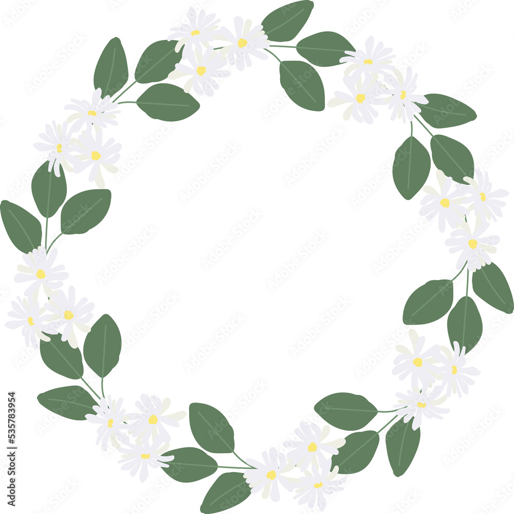 white camellia flower on green circle background wreath frame flat style