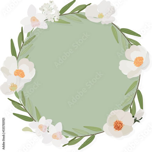 white camellia flower on green circle background wreath frame flat style