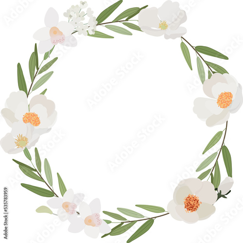 white camellia flower on green circle background wreath frame flat style