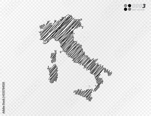 Vector black silhouette chaotic hand drawn scribble sketch  of Italy map on transparent background.