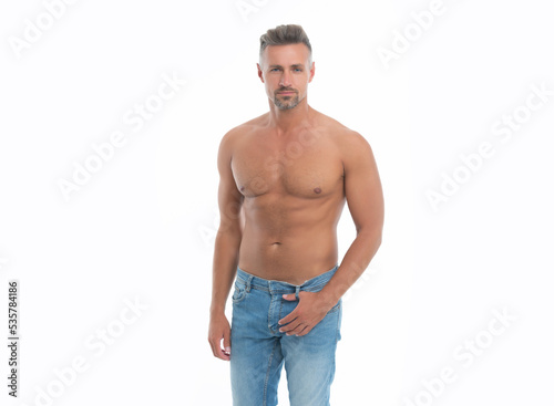 shirtless man with muscular torso isolated on white background. shirtless man with muscular torso