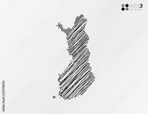Vector black silhouette chaotic hand drawn scribble sketch  of Finland map on transparent background.