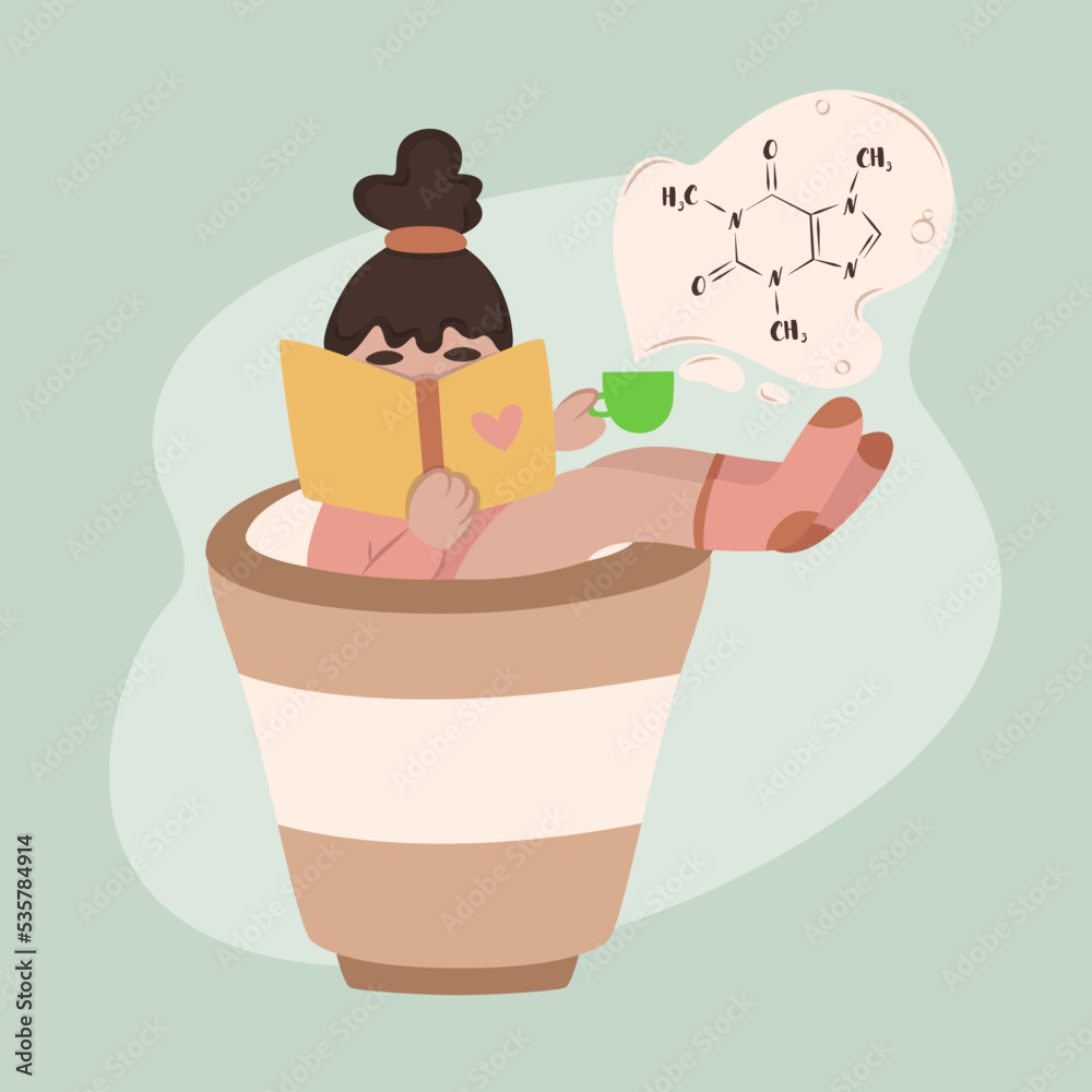 cute girl sitting on coffee paper cup with a book in hands on green background. Caffeine formula. cute girl sitting on coffee paper cup with a book in hands on green background. Caffeine formula.