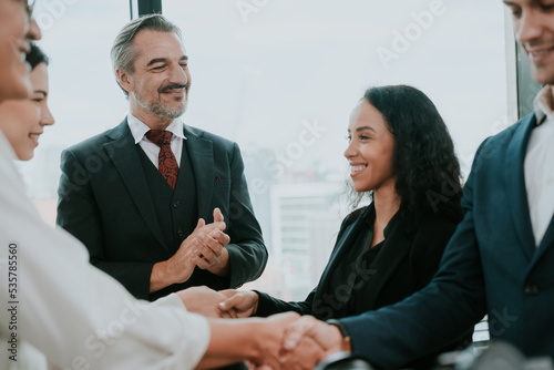 professional business people shaking hands in the office. Finishing successful meeting. businessman persons handshake with partner teamwork, concept of partnership approve a job agreements deal