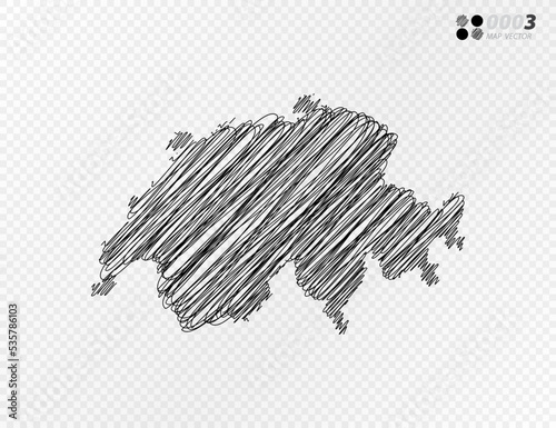 Vector black silhouette chaotic hand drawn scribble sketch  of Switzerland map on transparent background.