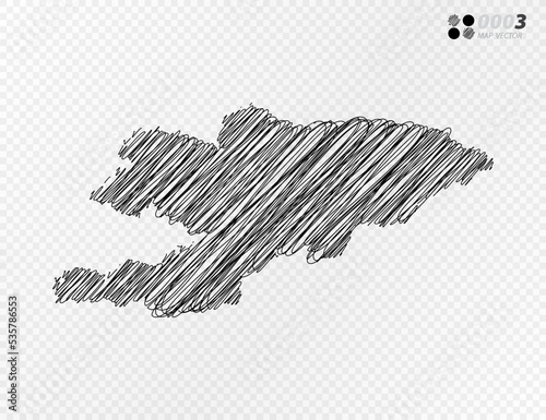 Vector black silhouette chaotic hand drawn scribble sketch  of Kyrgyzstan map on transparent background.