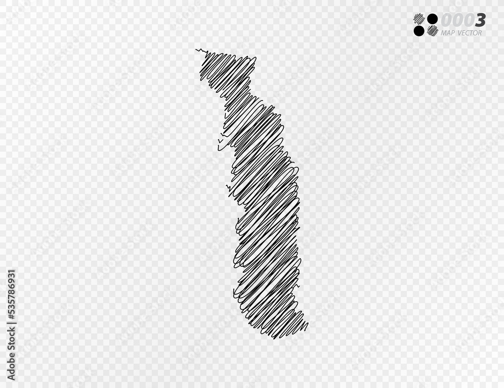 Vector black silhouette chaotic hand drawn scribble sketch  of Togo map on transparent background.