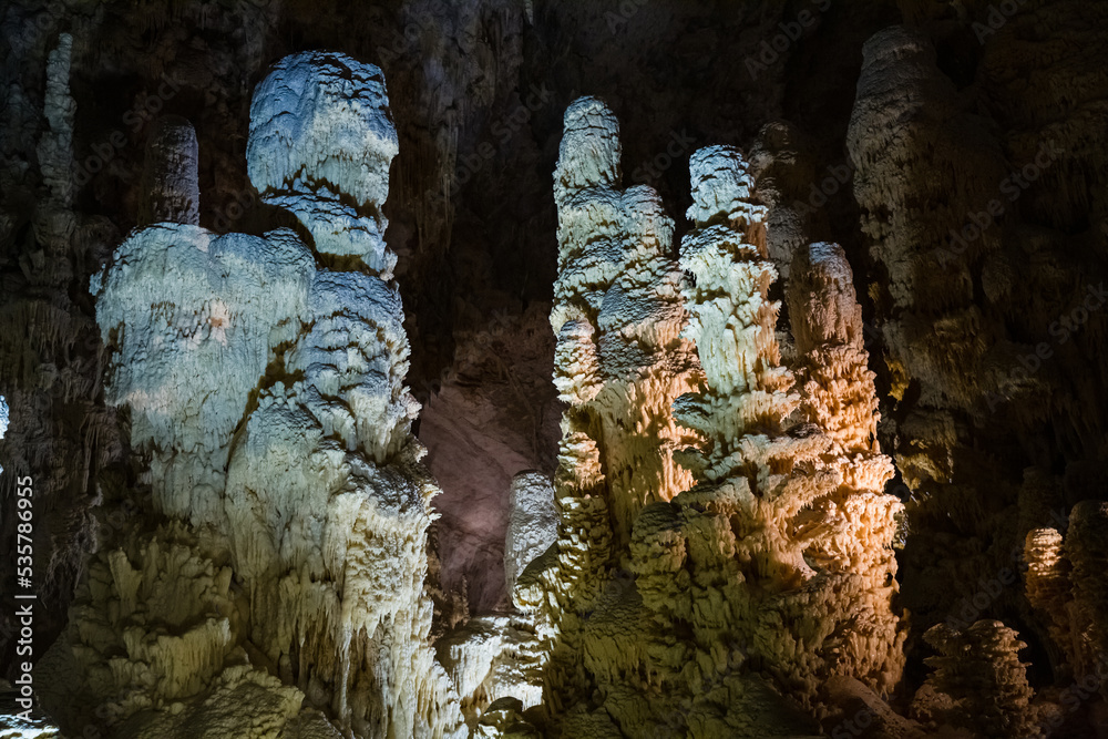Fairy views from The Frasassi Caves (Italian: Grotte di Frasassi) - the most famous show caves in Italy. The karst cave system is located in the municipality of Genga, Ancona, Marche, Italy. Fairy views from The Frasassi Caves (Italian: Grotte di Frasassi) - the most famous show caves in Italy. The karst cave system is located in the municipality of Genga, Ancona, Marche, Italy.