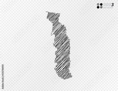 Vector black silhouette chaotic hand drawn scribble sketch  of Togo map on transparent background.