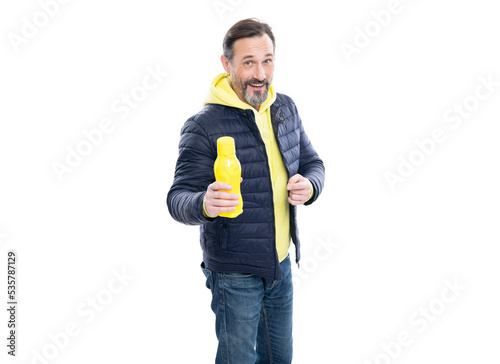 bottle for water mature man offer. grizzled man offer water bottle isolated on white background.