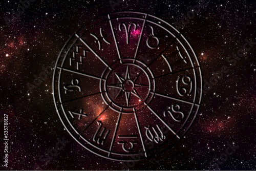 Zodiac signs inside of horoscope circle. Astrology in the sky with many stars and moons astrology and horoscopes concept