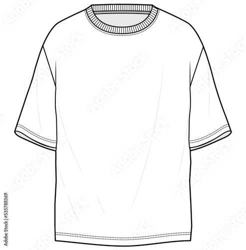oversized crew neck t shirt technical drawing fashion flat sketch vector illustration.