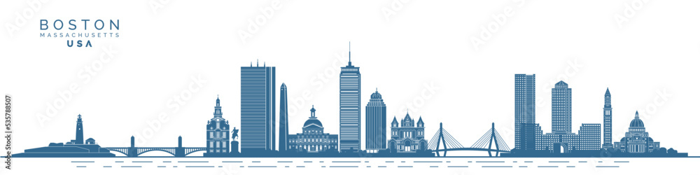 Landmarks of Boston city skyline, modern and historical buildings vector illustration isolated on white background.
