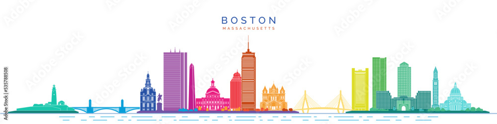 Boston skyscrapers and architectural monuments. City landmarks colorful vector illustration.	