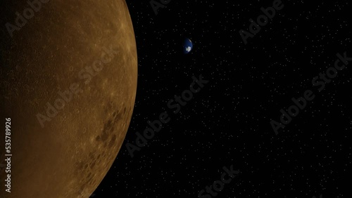 The orange moon is spinning around itself with small earth in background (3D Rendering)