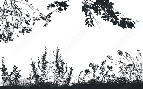 Vector background of realistic branches, a silhouette of bare dry twigs,bushes and withering autumn nature.
