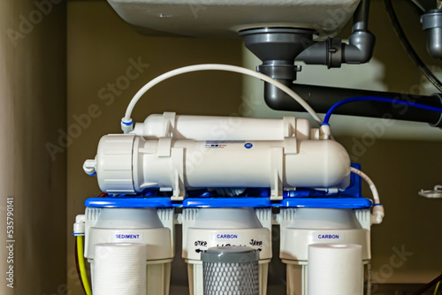 water filter system for home on background kitchen