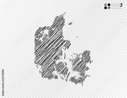 Vector black silhouette chaotic hand drawn scribble sketch  of Denmark map on transparent background.