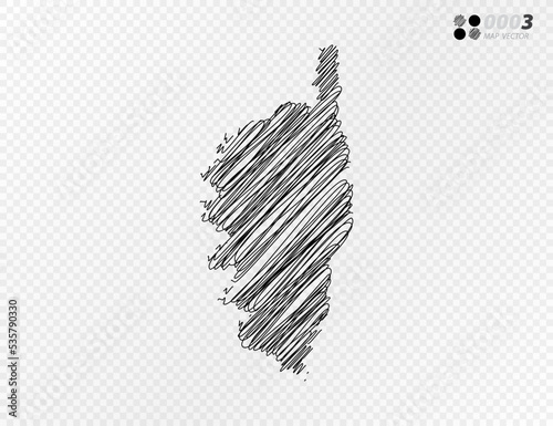 Vector black silhouette chaotic hand drawn scribble sketch  of Corsica map on transparent background.