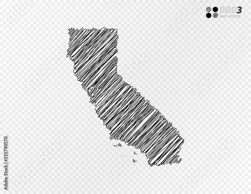 Vector black silhouette chaotic hand drawn scribble sketch  of California map on transparent background.