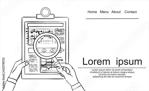 Concepts for business planning and accounting, analysis, audit, project management, marketing with magnifying glass., research in flat design style.Sketch