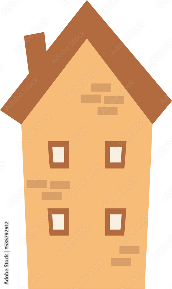 Flat illustration of tiny yellow cottage house with brown roof and ...