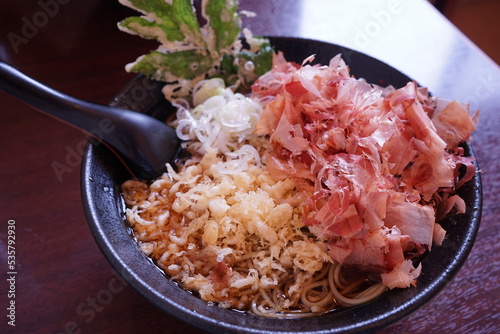 Authentic Japanese Hot Sansai (Wild Vegetable) Soba, Japanese food - 日本料理 天ぷら かき揚げ 蕎麦
