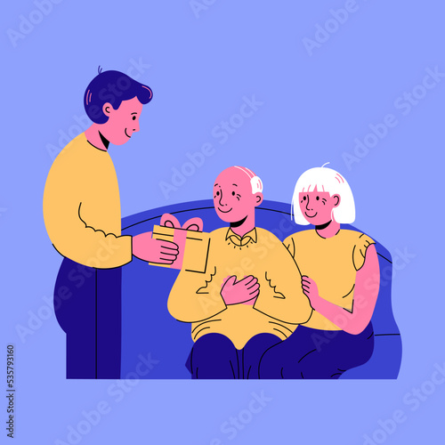 Vector Flat illustration of Grandparents and grown kid with Present Box. Gift Giving on Christmas - New Year and Thanksgiving Cartoon.