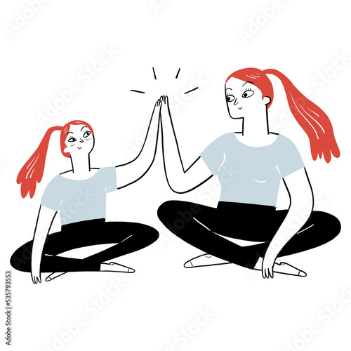 The mother raised up hands hitting five with daughter.