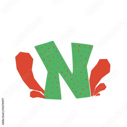 Green letter N in cut out collage style. Hand drawing isolated vector illustration with herbs